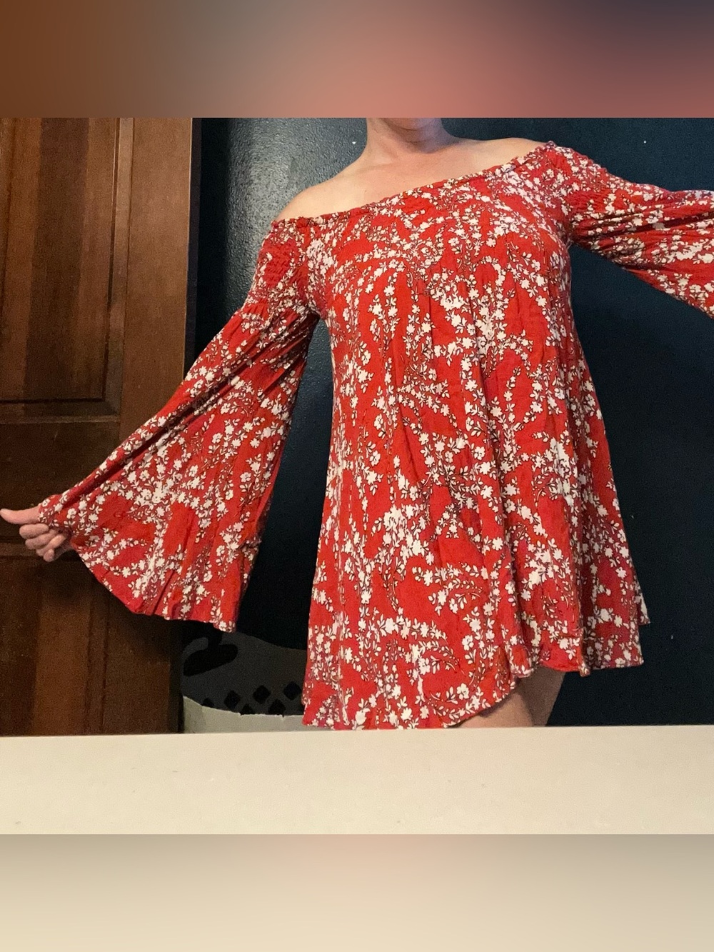 Vici Red Floral Off-Shoulder Bell-Sleeve mini dress